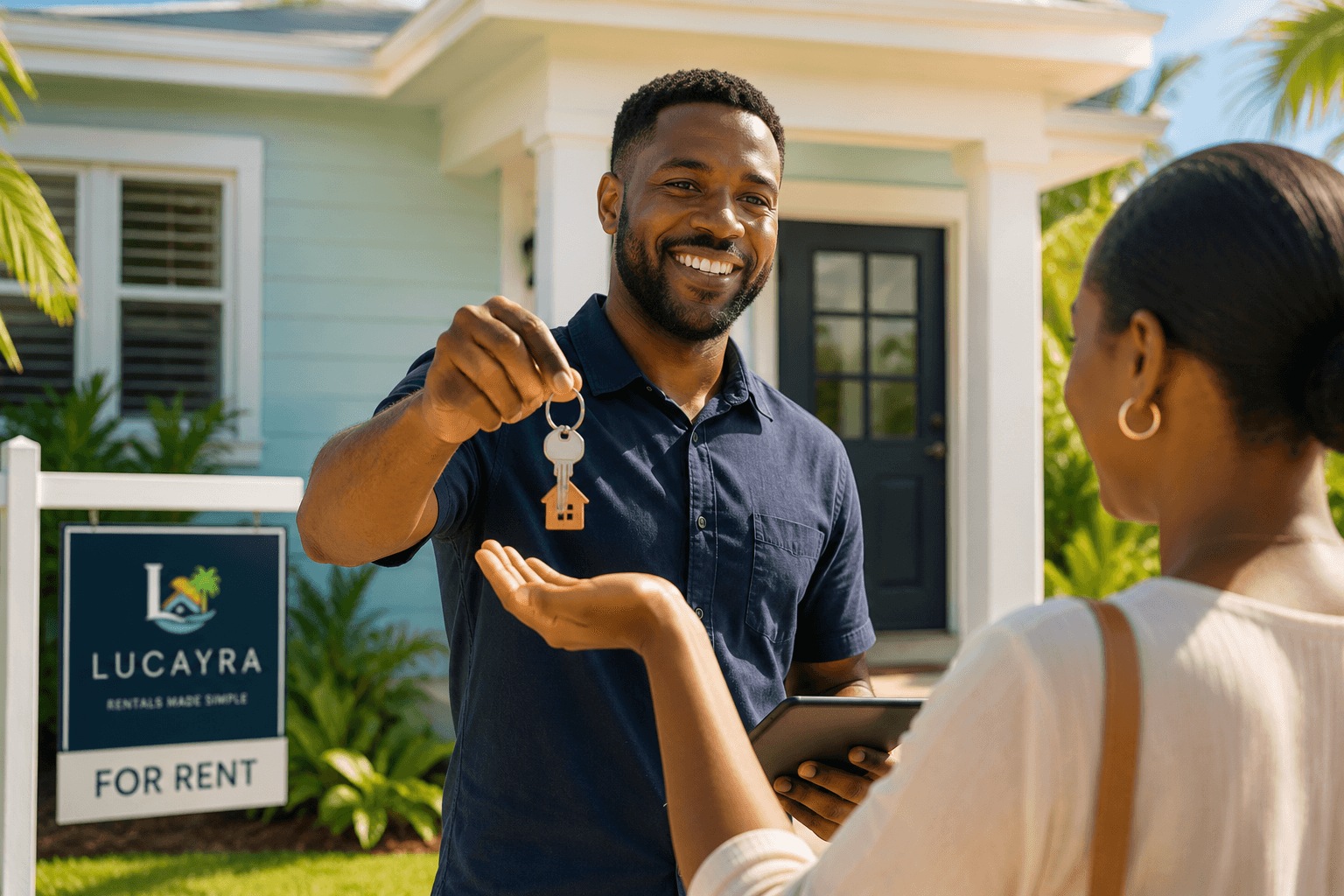A landlord handing over the keys to a renter in front of a Bahamian home with a Lucayra for-rent sign